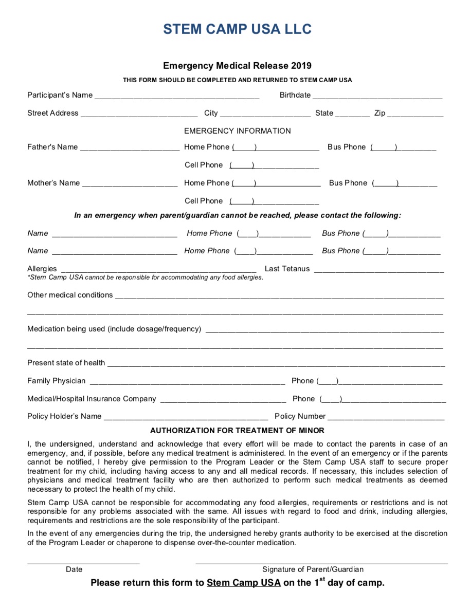 STEM CAMP USA Medical Release Form 2019
